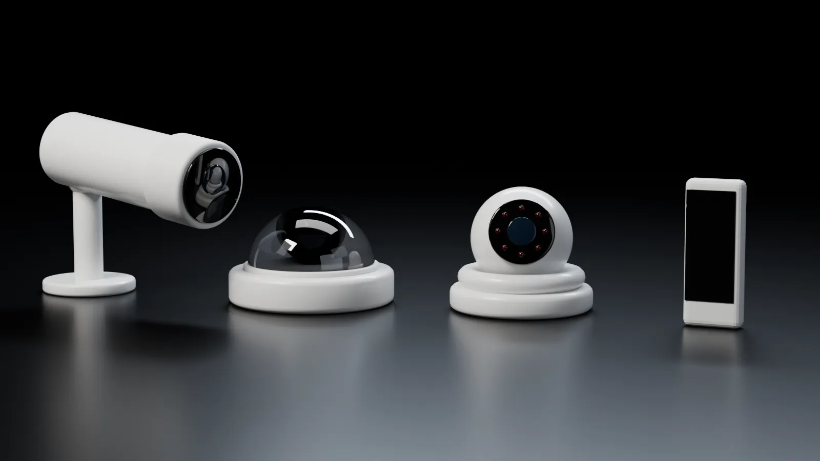 A bullet camera, a dome camera, a turret camera, and a door access reader